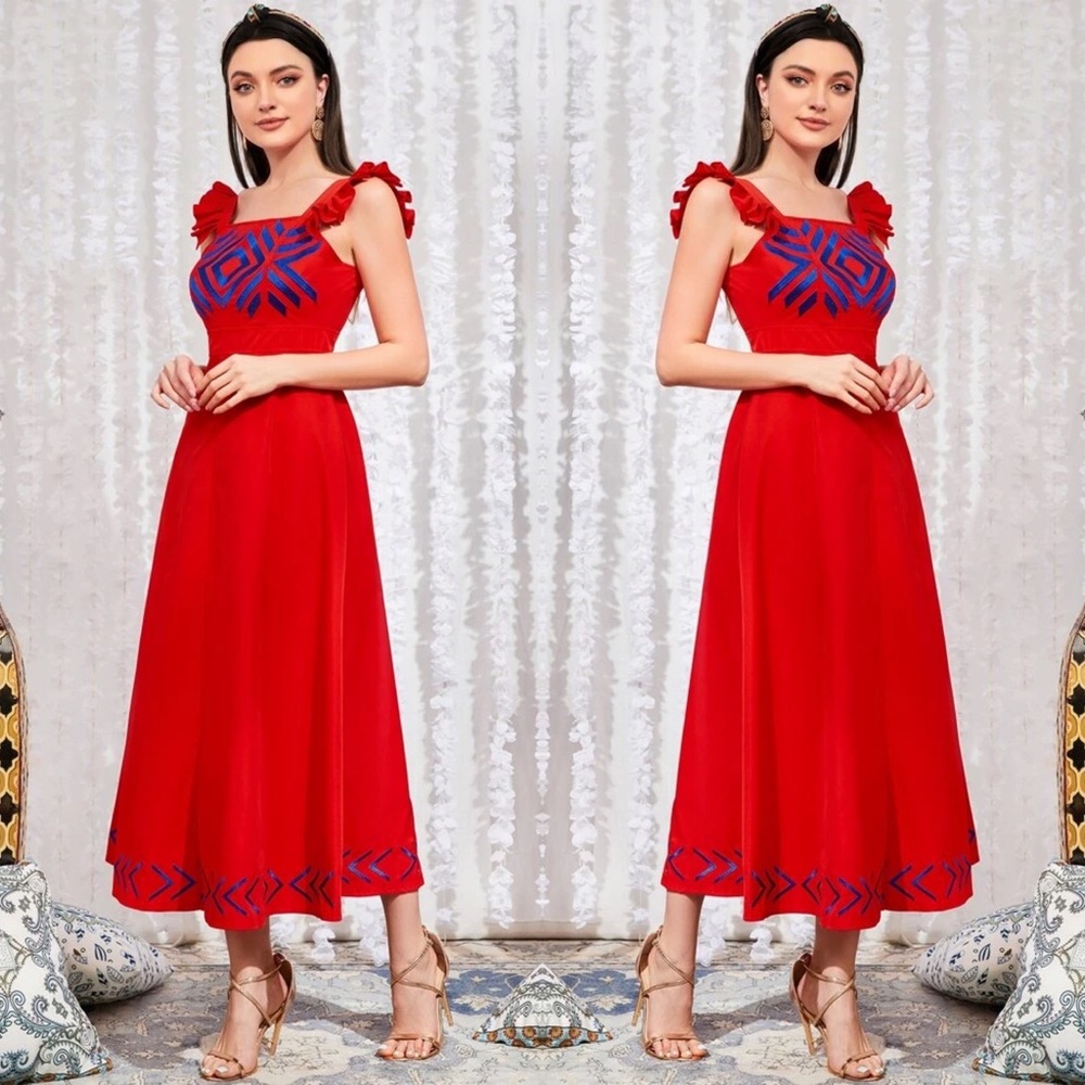 SHEIN Ruffle Trim Geo Print Dress